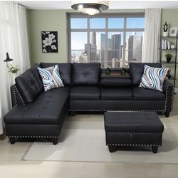 L Shaped Couches, Leather Sectional Couch, Modular Sectional Sofa, Black for Living Room, with Storage Ottoman, with Movable Chaise, for Apartment Off