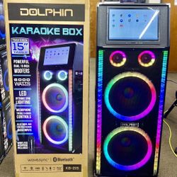 Dolphin Karaoke Speaker: Dual 15”woofer 6000 Watts with touch screen with wireless mic