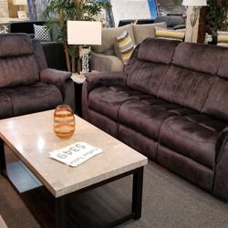 Brand New Blue Gray Velvet-Like Manual Reclining Loveseat + Sofa With Cup Holders