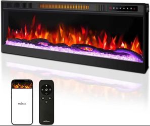 Mexhom 50" Ultra Thin Electric Fireplace, Heater, Wall/Recessed, 12 Color Flames, App/Remote