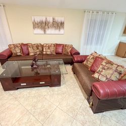 Solid Wood & Genuine Leather Custom Made 11” Cushions Sofas -+ Coffee Table