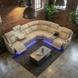 Beige Leather All Power Electric Reclining Sectional Couch 