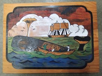 Vintage Moby Dick/whaling ship paint by numbers wooden picture, 16x12"