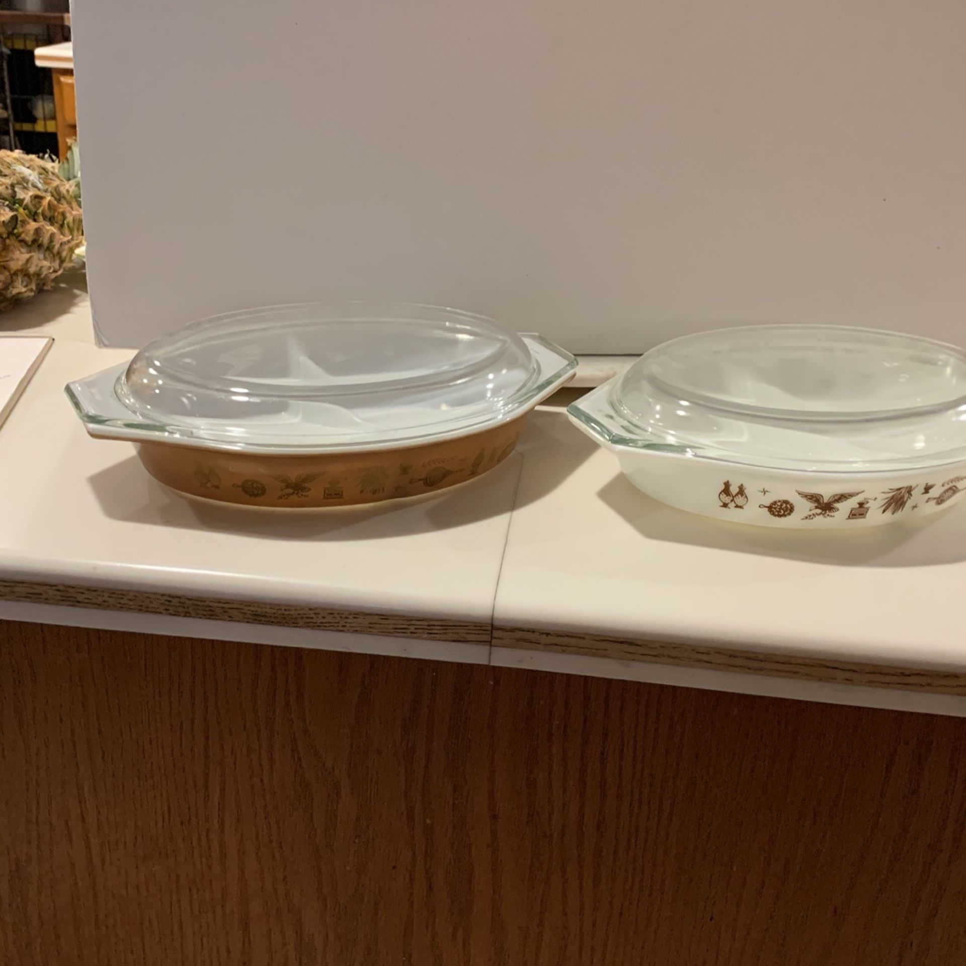 Vintage Pyrex 1960’s. Divided Casserole Dish Oven Ware With Glass Lids In Pattern Early American in Brown & Gold & the 2nd One is White & Brown