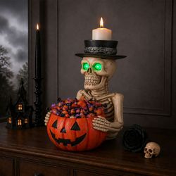 Halloween Skeleton Figurine with Pumpkin Candy Bowl & Candle Holder, Spooky Table Decor for Halloween