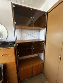 2 Tall contemporary bookcases/display cabinets + dresser