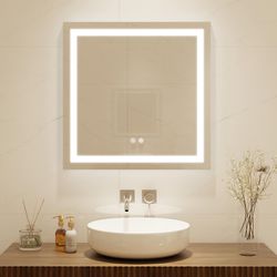 24 X 24 Inch Square LED Bathroom Vanity Mirror, 3 Colors Light Dimmable, Wall Mounted Memory Lighted Makeup Mirror With Anti-Fog Touch Switch (Front-L