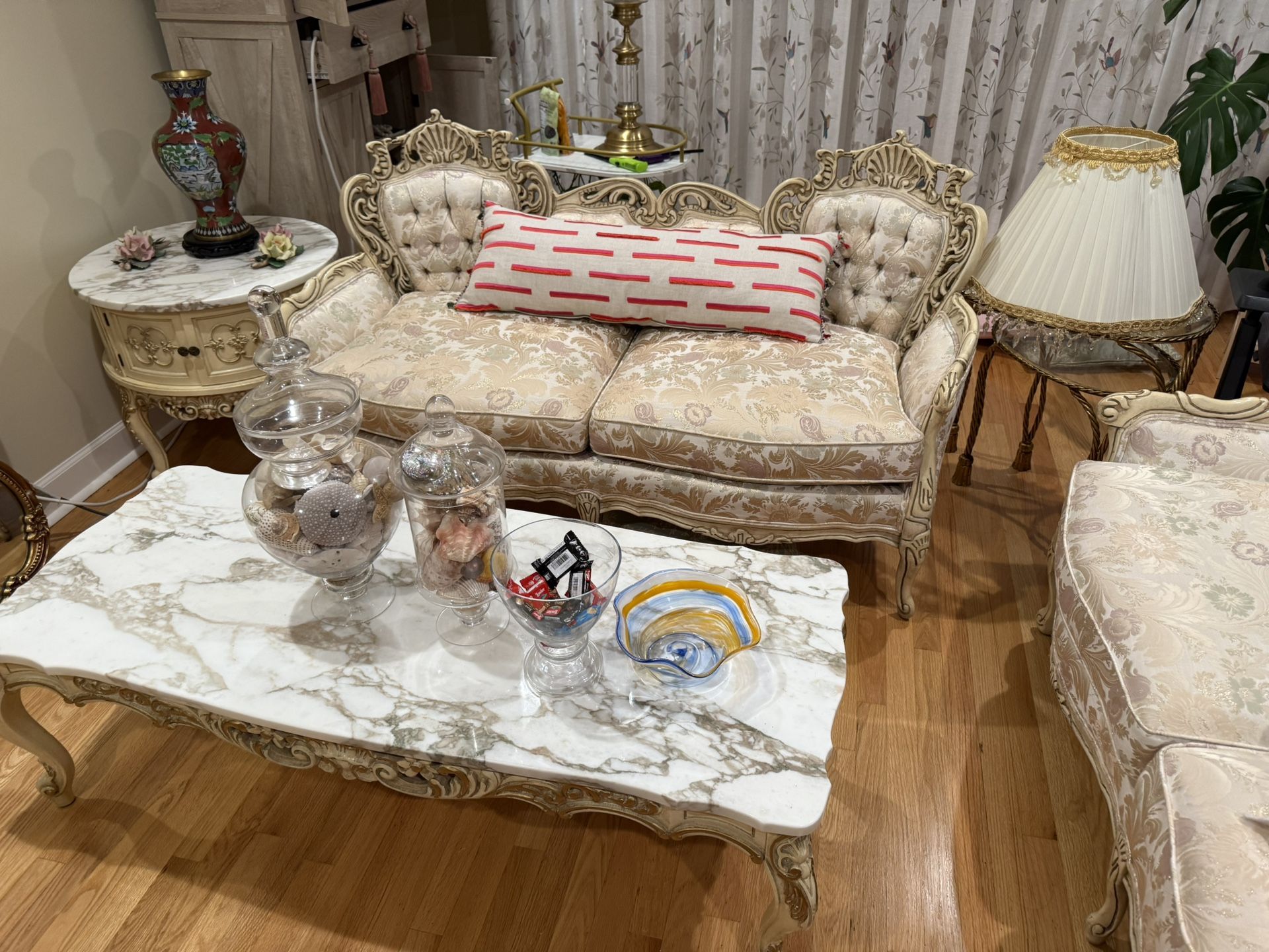 Antique Couch, chairs, Love Seat, Marble Coffe table and Side Table For Sale