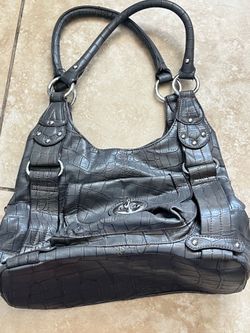 Women’s Large Black Alligator Embossed Studded Shoulder Bag Zip Double Handle