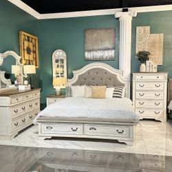 PH💥$49 Down Payment for financing 👉Realyn  Whitewash Farmhouse Style Queen King Bed With Storage Nightstand Chest Dresser With Mirror Bedroom Set 