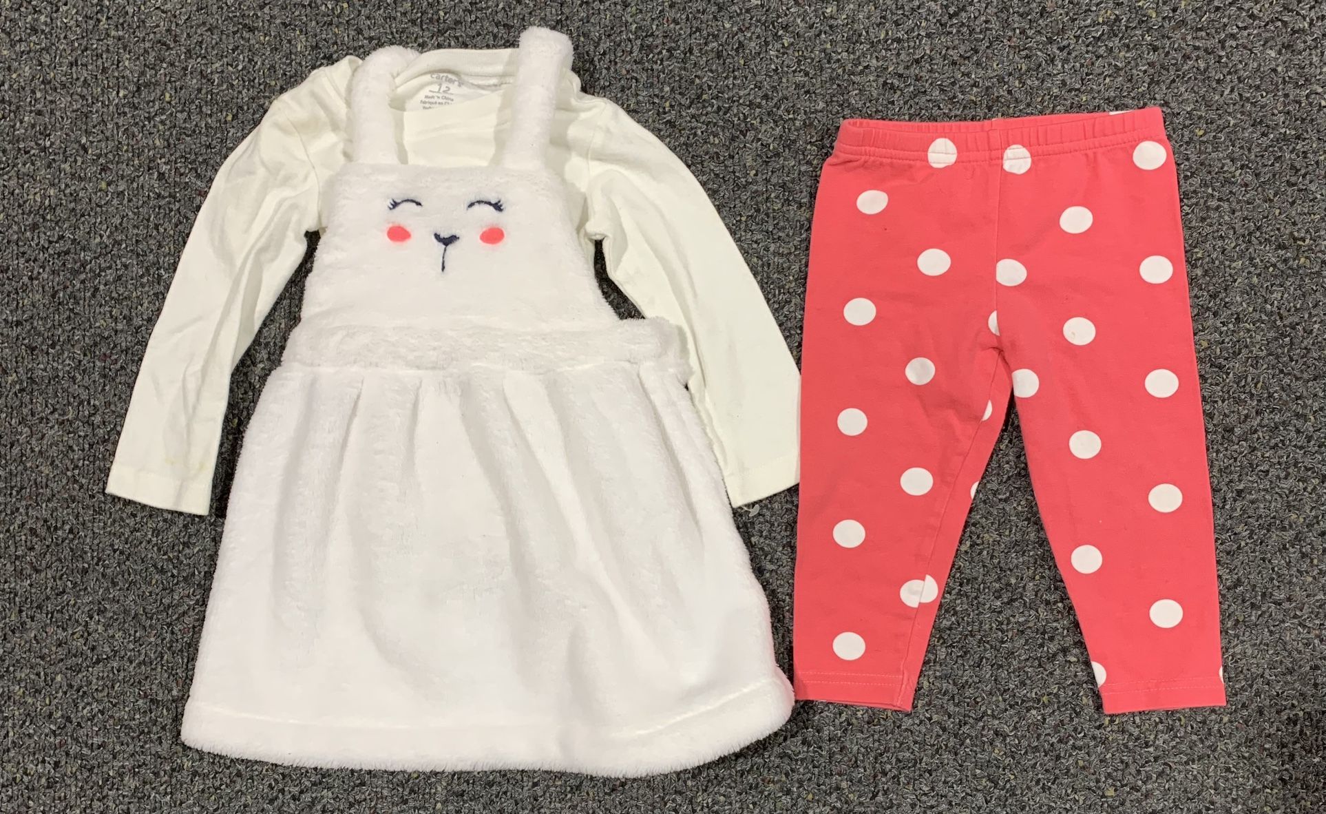 Carters 12 month white fleece bunny jumper dress, shirt, pink polka dot leggings Easter outfit