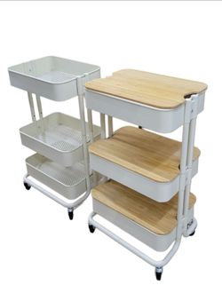 2 Of IKEA RÅSKOG Heavy Duty Utility Carts With 3 Bamboo Lids - Cream White Rolling Storage Trolleys
