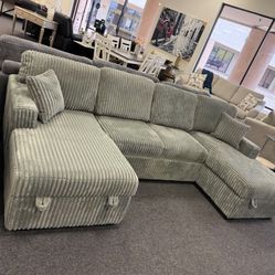 Gray Corduroy Sectional Sleeper Couch With Storage Chaises