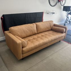 Tufted Leather Sofa & Ottoman - Charme Tan