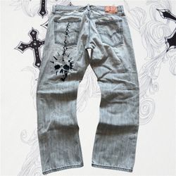 Grunge Skull n Chains Grey Wash Denim Levi Jeans Mens Size 36 x 30