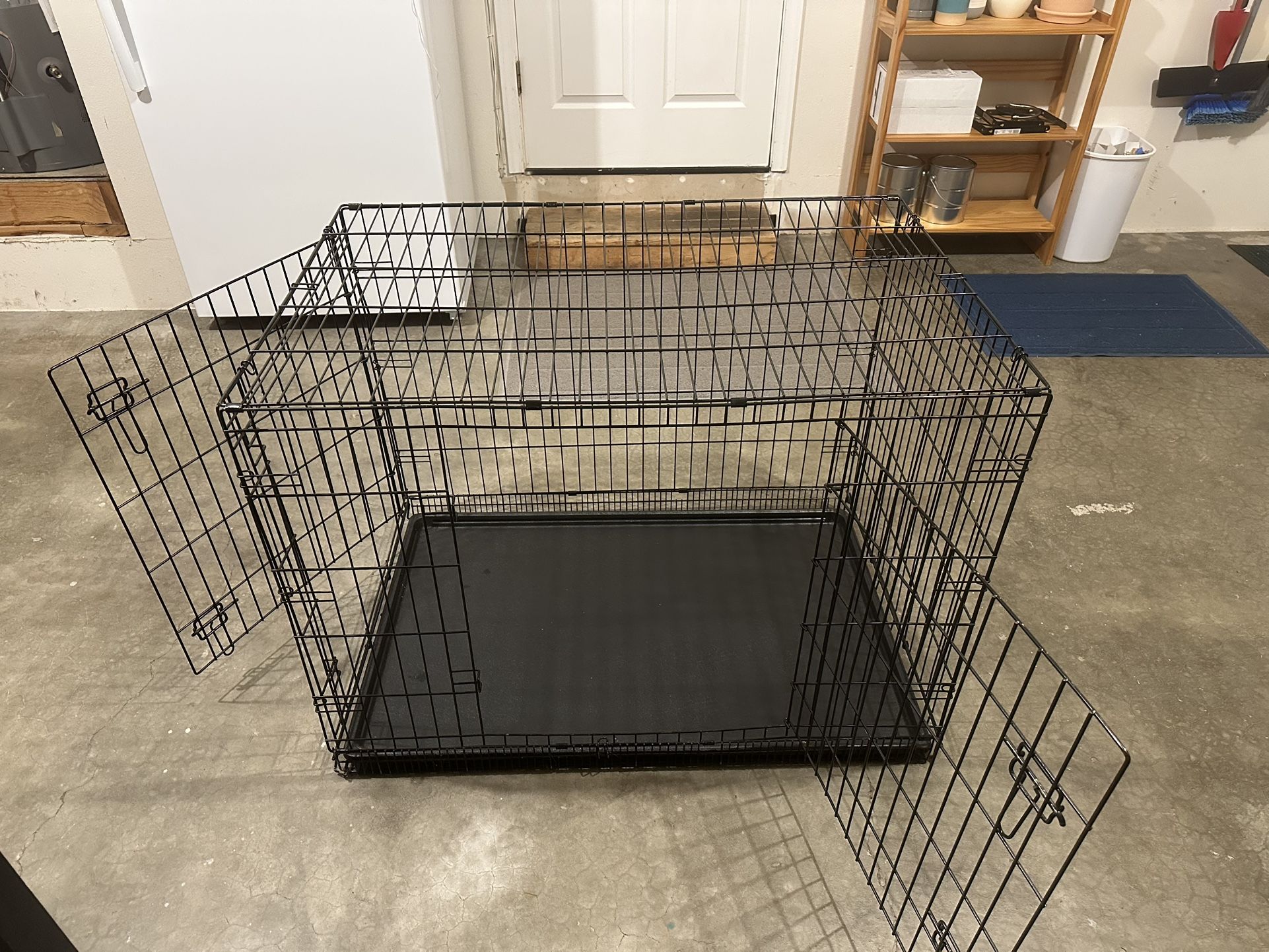 Large Foldable Metal Wire Dog Crate With Tray, Double Door, 42”x28”x30” Black