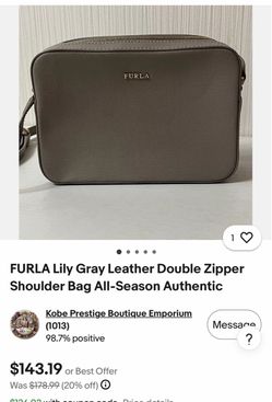 FURLA Lily Gray Leather Double Zipper Shoulder Bag All-Season Authentic