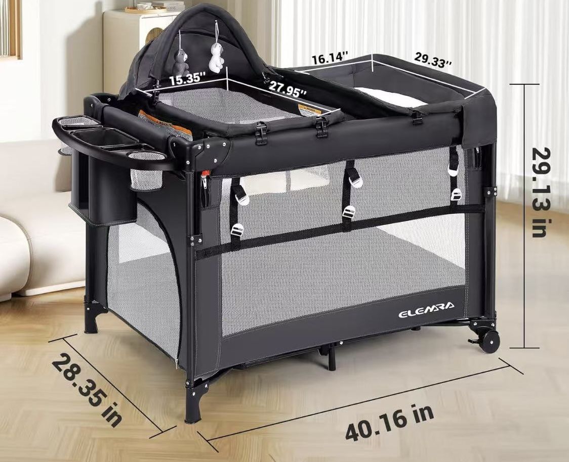 🥨Baby Bedside Bassinet Sleeper,1-Step Opening Foldable Nursery-Center Baby Playpen,Changing Table,Ziper Door/Baby Crib,Travel Carry Bag, Gray