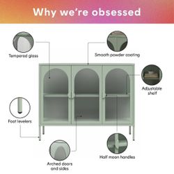 Chloe Metal Accent Cabinet With 3 Arched Glass Doors, Pale Green