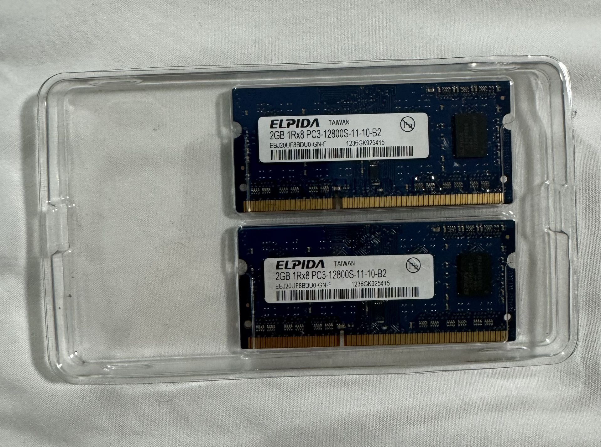 2X Elpida 2GB 1Rx8 PC3-12800S - 11-10-B2 Laptop Memory 