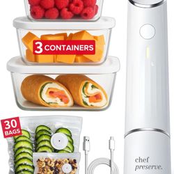 Chef Preserve Compact Vacuum Sealer for Food (Vacuum Sealing Machine + 3 Vacuum Glass Containers + 30 Reusable Vacuum Bags) Powerful Handheld Vacuum S
