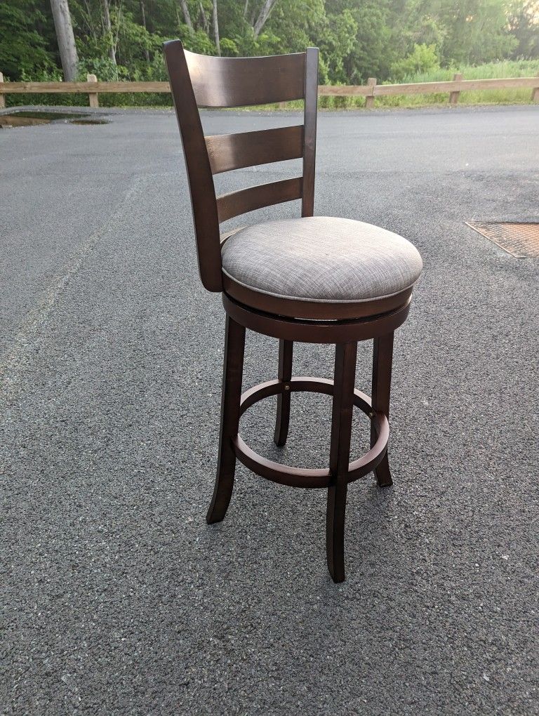 Dark Cherry Wood  with Gray Cushion High Back Bar Stool Swivel Chair