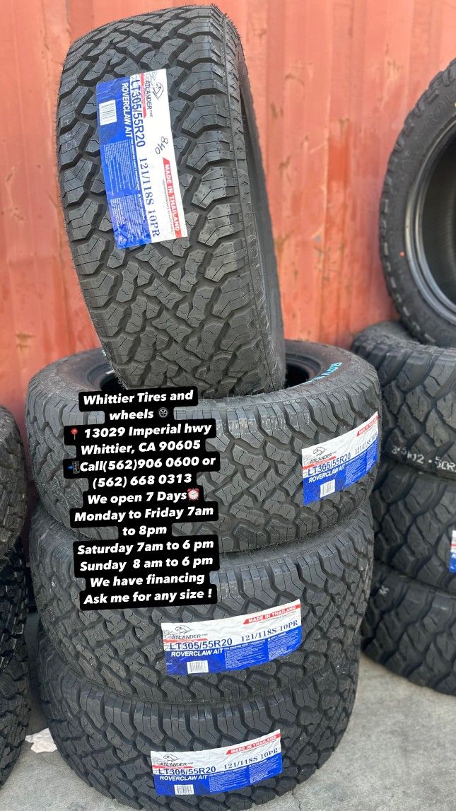 SET OF NEW TIRES, LT305/55R20 ATLANDER AT 10PR, INCLUDING MOUNTING AND BALANCING. ASK ME FOR ANY SIZE OR BRAND, LLANTAS NUEVAS