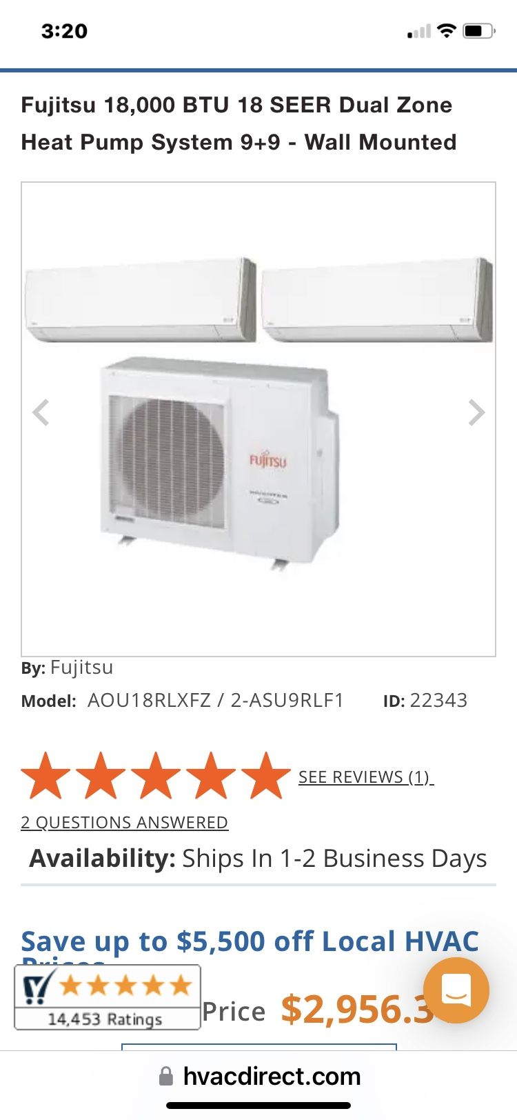 Fujitsu Wall Mounted 2-Zone System - 18,000 BTU Outdoor - 9k + 9k Indoor - 18.0 SEER Split AC AOU18RLXFZ