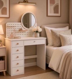 Vanity Desk with Mirror and Lights, Adjustable Color Lighting Bedroom Dresser
