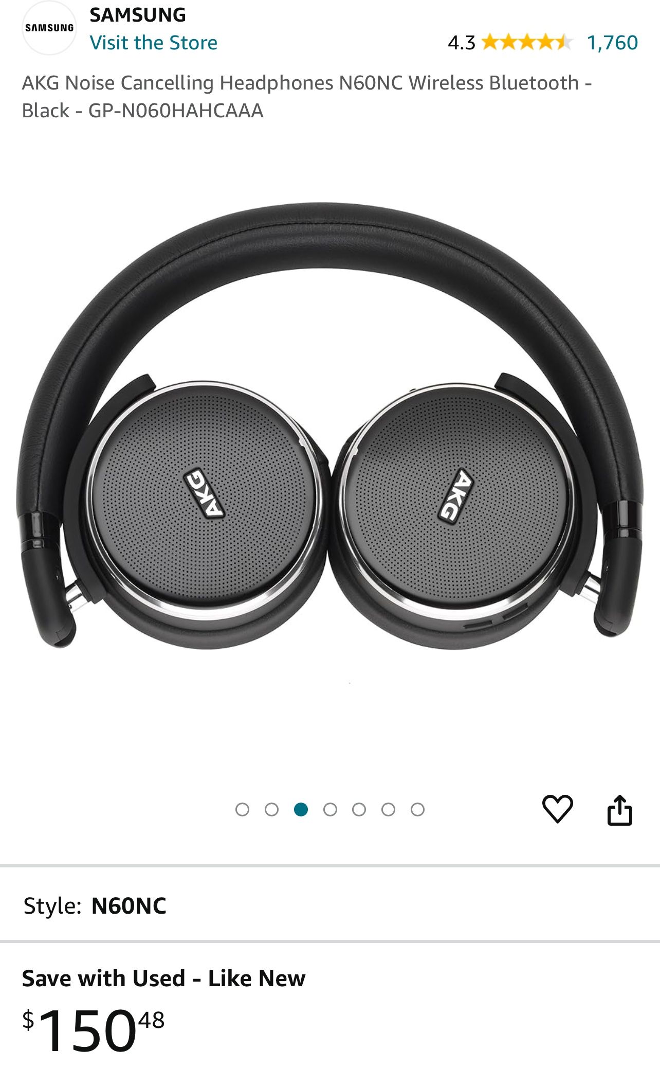 AKG Noise Cancelling Headphones N60NC Wireless Bluetooth - Black