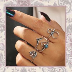 NEW 4PC SILVER TEAL MIDI RINGS BOHO SET TEAL OM TRIBAL TURQUOISE GYPSY MOON CHIC