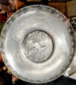 Vintage Hammered Aluminum Round Tray Dish Floral Poppy & Wheat Motif -Stamped