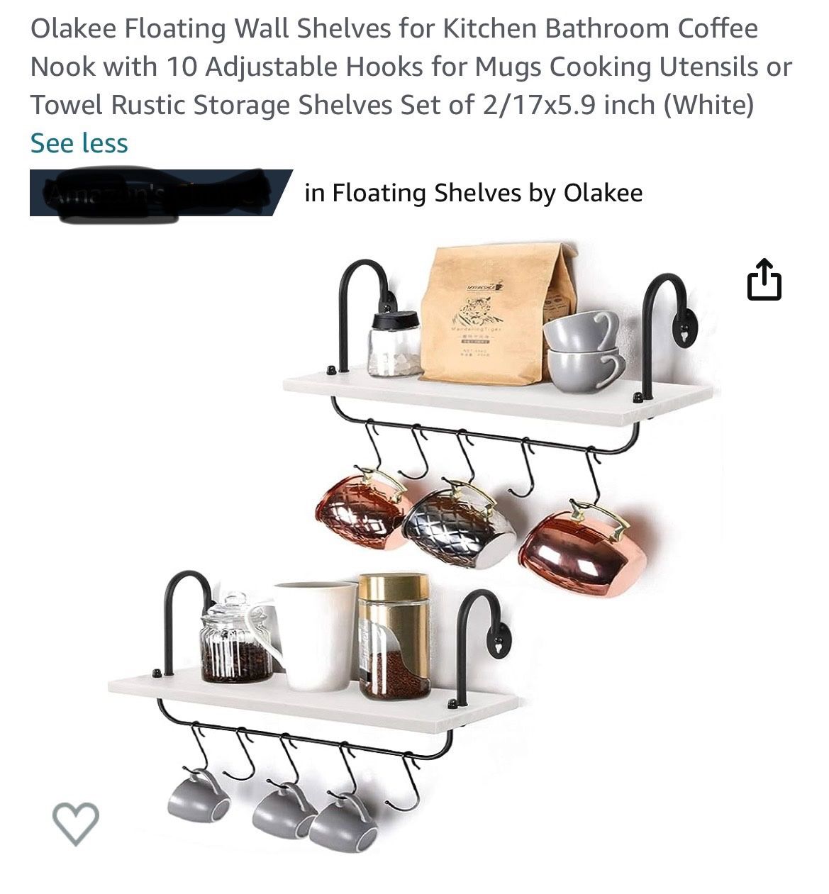 Olakee Floating Wall Shelves for Kitchen Bathroom Coffee Nook with 10 Adjustable Hooks for Mugs Cooking Utensils or Towel Rustic Storage Shelves Set o