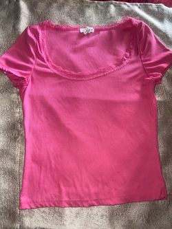 Pink Ribbed Lace Trim Short Sleeve Top