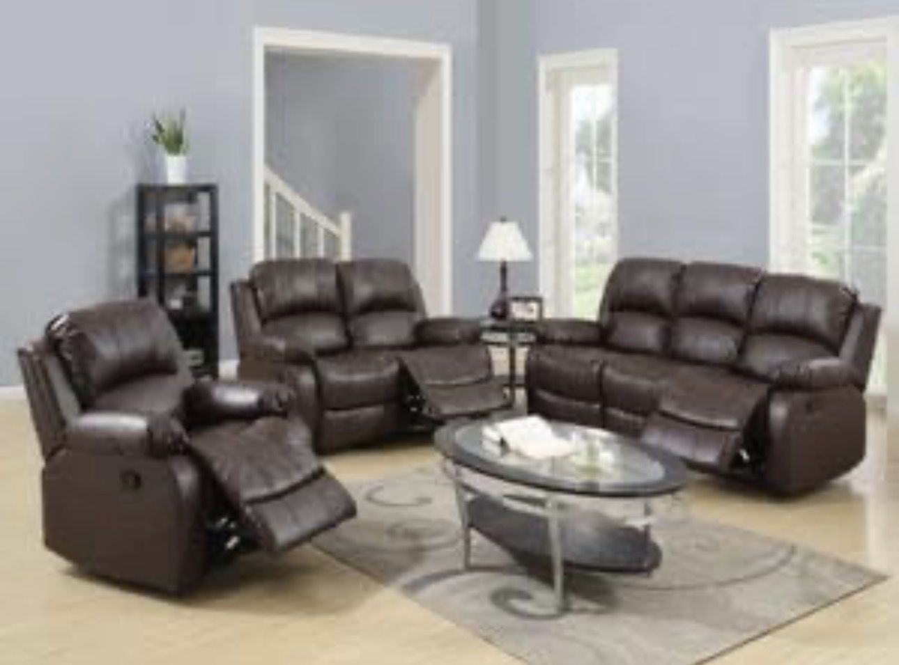Brown Leather Fully Reclining Three piece Couch Set