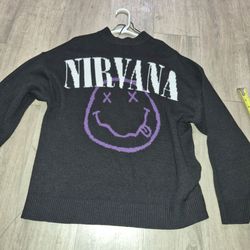 ❤️H&M Jacquard Knit Black Smile Loose Fit Nirvana Sweater Rock Band sz S SALE!