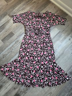 Vintage Brown & White Midi Dress w/ Pink Flowers