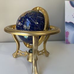Blue Semi-precious Stone World Globe With Brass Stand And Compass