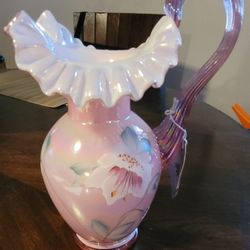 Vintage FENTON Pitcher, Dusty Rose Overlay, Ribbed Reed Handle, Crimped Edge, Iridized, Hand Painted $80