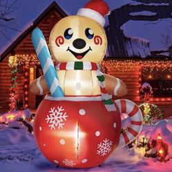 6 FT Christmas Inflatables Outdoor Decorations, Gingerbread Man in Cocoa Cup Build-in LED Light Xmas Blow Up Decor for Holiday, Party, Yard, Garden, L