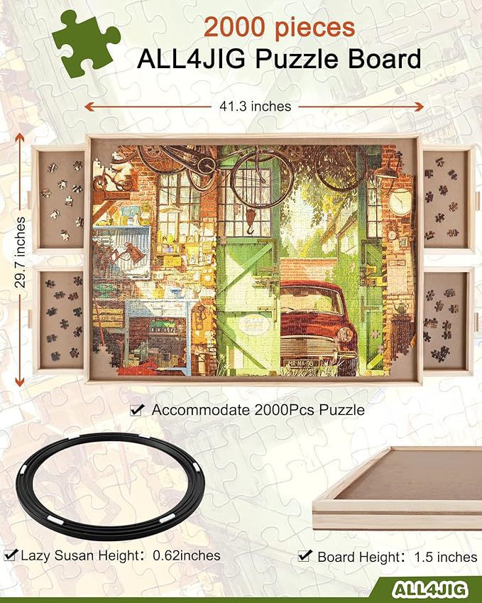 2000 Piece Rotating Puzzle Board with Drawers and Cover,29.7"x41.3"Portable Wooden Jigsaw Puzzle Table for Adults Portable,Lazy Susan Spinning Puzzle 
