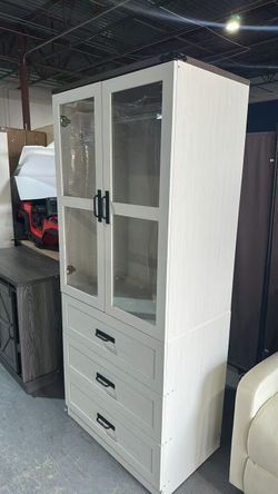 75" Tall Farmhouse 2 Doors Armoire Wardrobe Closet with 3 Drawers and LED,Freestanding Closet Wardrobe Cabinet for Bedroom with Hanging Rod,Wooden Arm