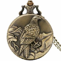 Vintage Bronze 3D Eagle Display Necklace Quartz Pocket Watch
