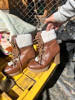 Brown Lace-Up Heeled Boots with Sherpa Cuff