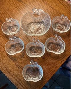 Clear, Large, Vintage, German Apple Shaped Bowl With Six Small Bowls