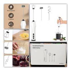 NEW Handheld Electric 3-Speed USB Rechargeable Milk Frother With 3 Attachments