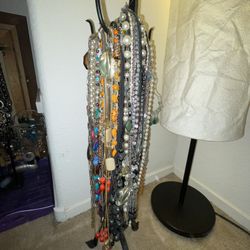Large Black Wrought Iron Necklace Stand With Tons Of Necklaces Included   