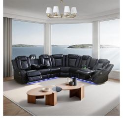 6-Seat Black Leather Recliner Couch Set For Living/Media Room