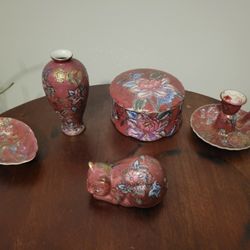 Lot of 5 * Hand Painted Asian style DECOR * Trinket Box Tray Candle Holder Vase