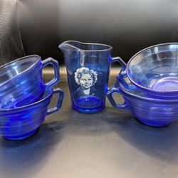 Shirley Temple Colbalt Creamer Glass Cup and Bowls, Set of 5